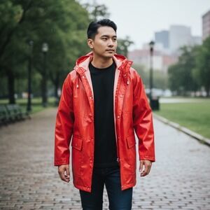 Bright Red Shiny Rain Jacket‎ Lined Plaid Hooded Waterproof Outdoor Coat